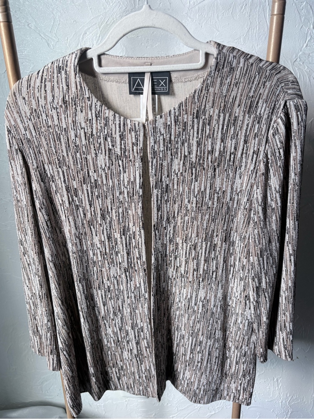Alex Evenings Shimmer Open Front Jacket Size Large Champagne Silver Evening Wear